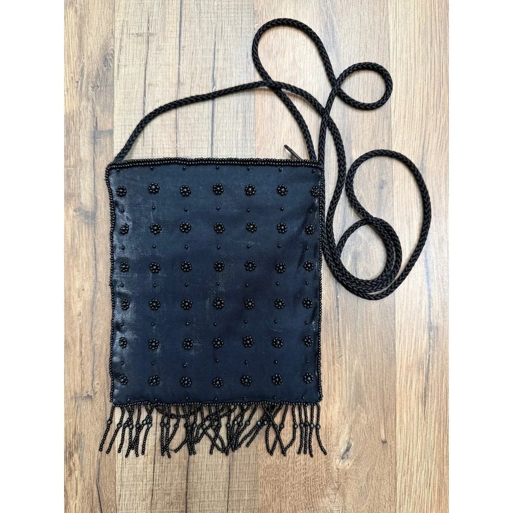 La Regale Black Beaded Fringe Evening Crossbody Bag Vintage Formal Clutch
